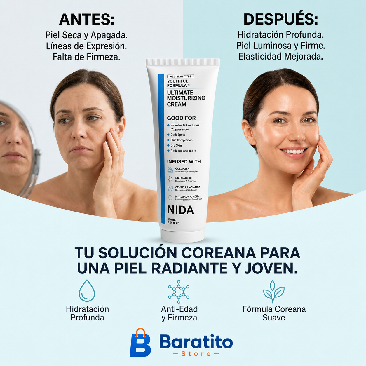 NIDA® Crema Hidratante Anti-Edad Coreana + Crema para Contorno de Ojos, ¡Empieza a cuidar tu piel desde hoy! 💁🏻‍♀️